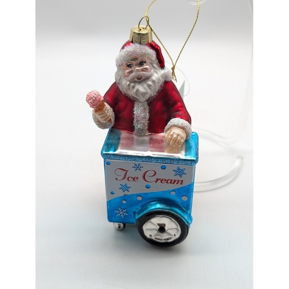 Santa Claus Ice Cream Cart Glass Christmas Ornament Sunshine & Spirits Glitter